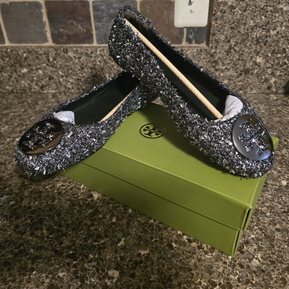 Tory Burch Black and Silver Textured Flats